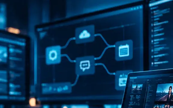 Illustration of an automated business workflow connecting messages, calendars and the cloud