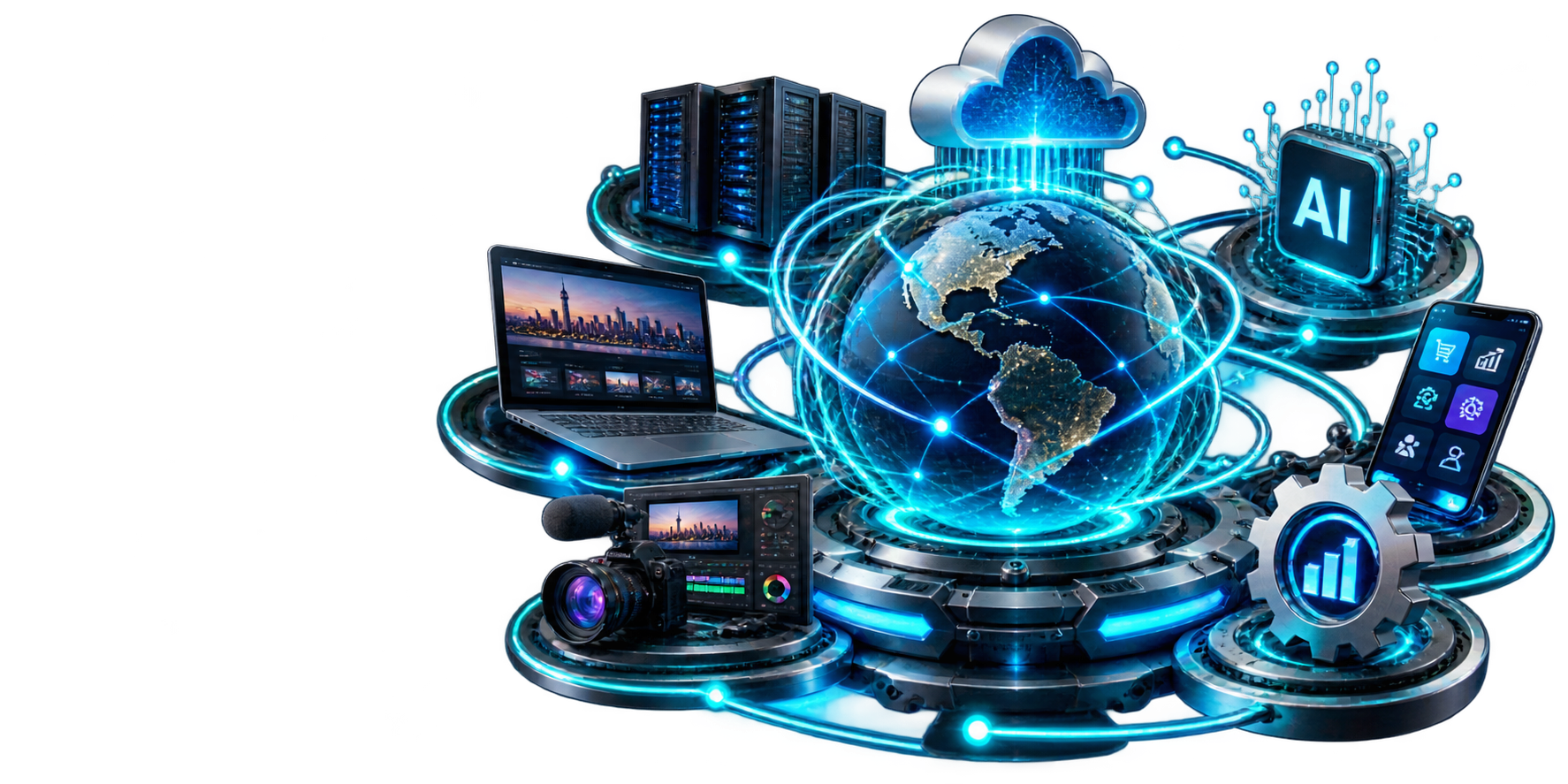 Illustration of connected technology: a globe linked to servers, the cloud, AI, a laptop, a video camera and mobile apps